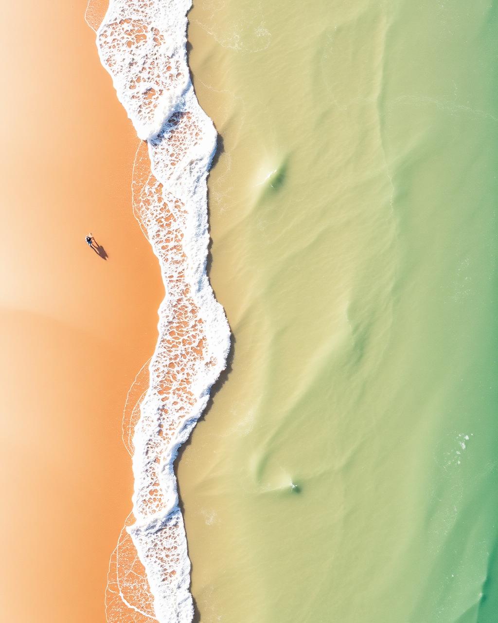 Aerial view of a sun-drenched beach where waves meet golden sand